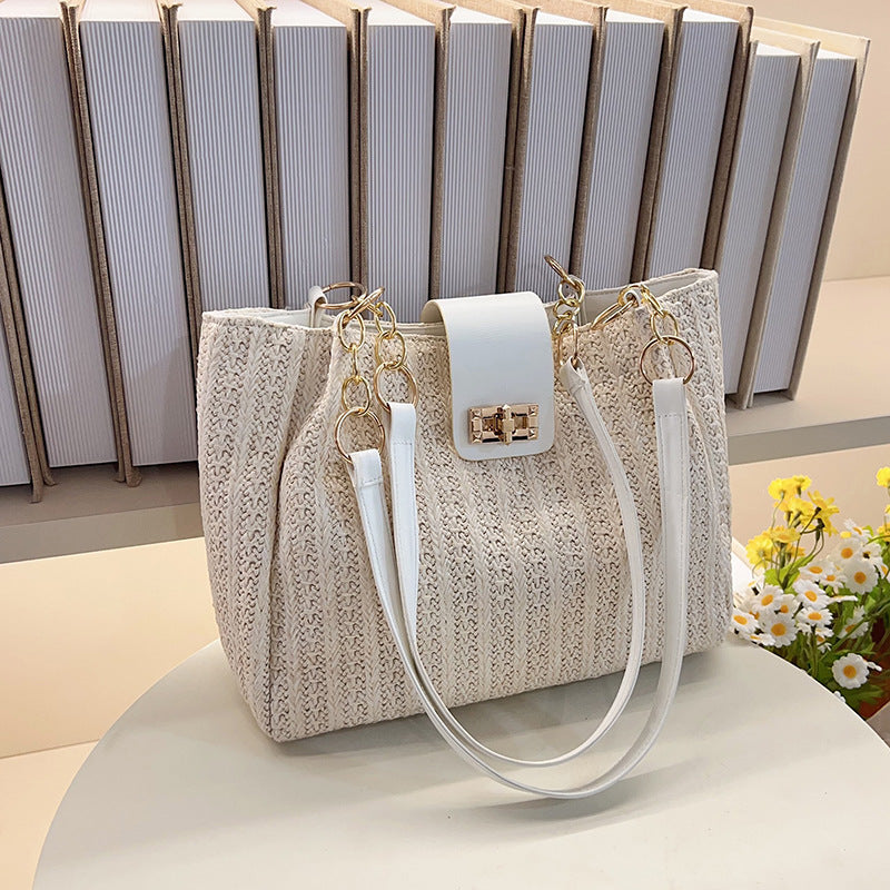2025Women's Spring New Small Chanel Style Bag for Work Commute Versatile Straw Woven Large Capacity Wide Shoulder Strap Women's Single Shoulder Bag