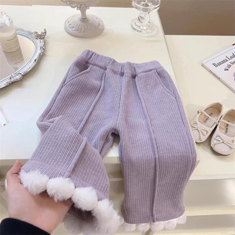 Girls Winter Two-Piece Set New Korean Fashion Baby Cardigan Knitted Autumn Winter Sweater Jacket Fleece-Lined Long Pants