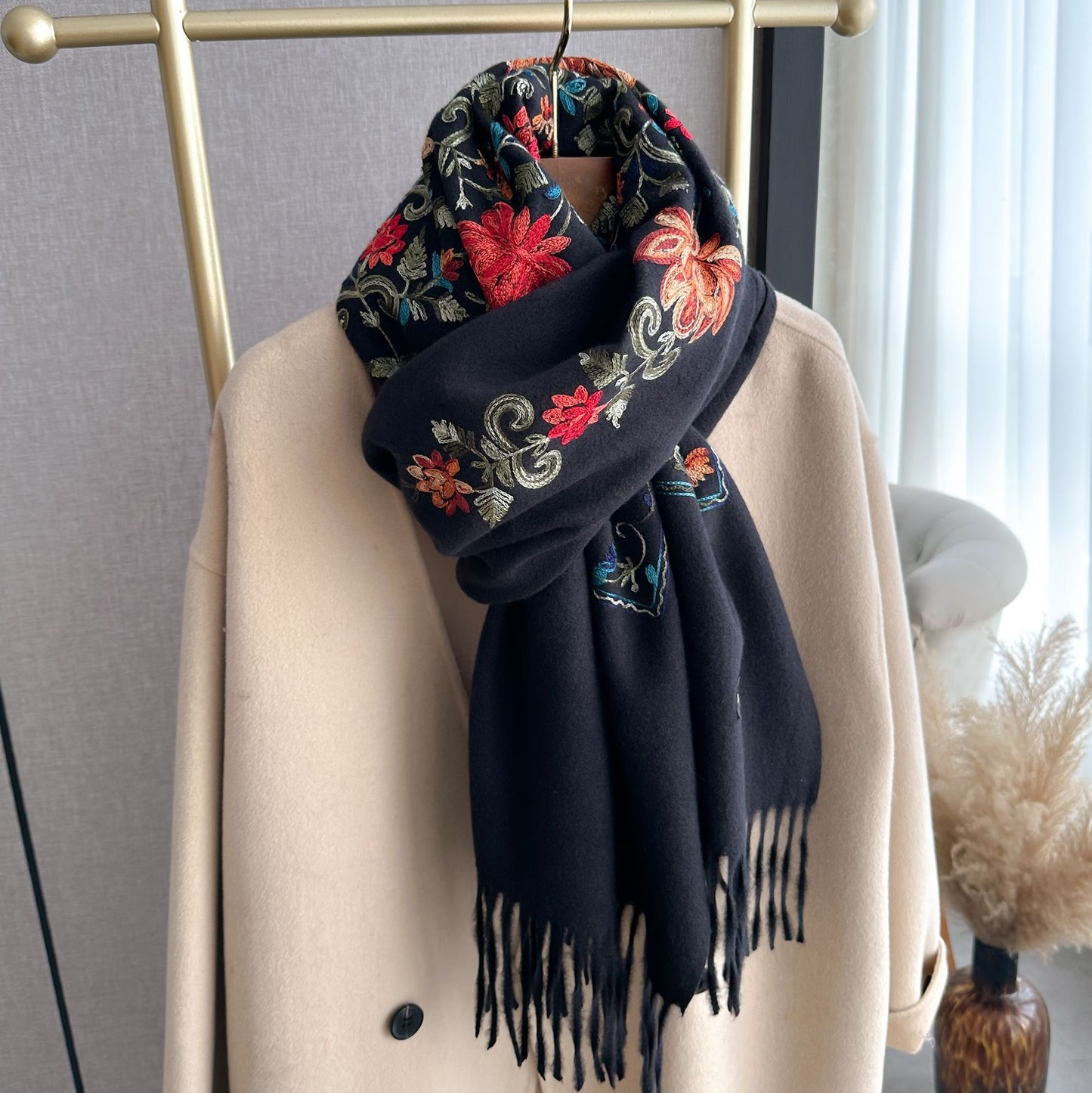 Bright Red Gold Thread Embroidered Scarf for Women Winter Versatile Wool Thickened Warm Cashmere Large Shawl for Women Dual-use Outerwear