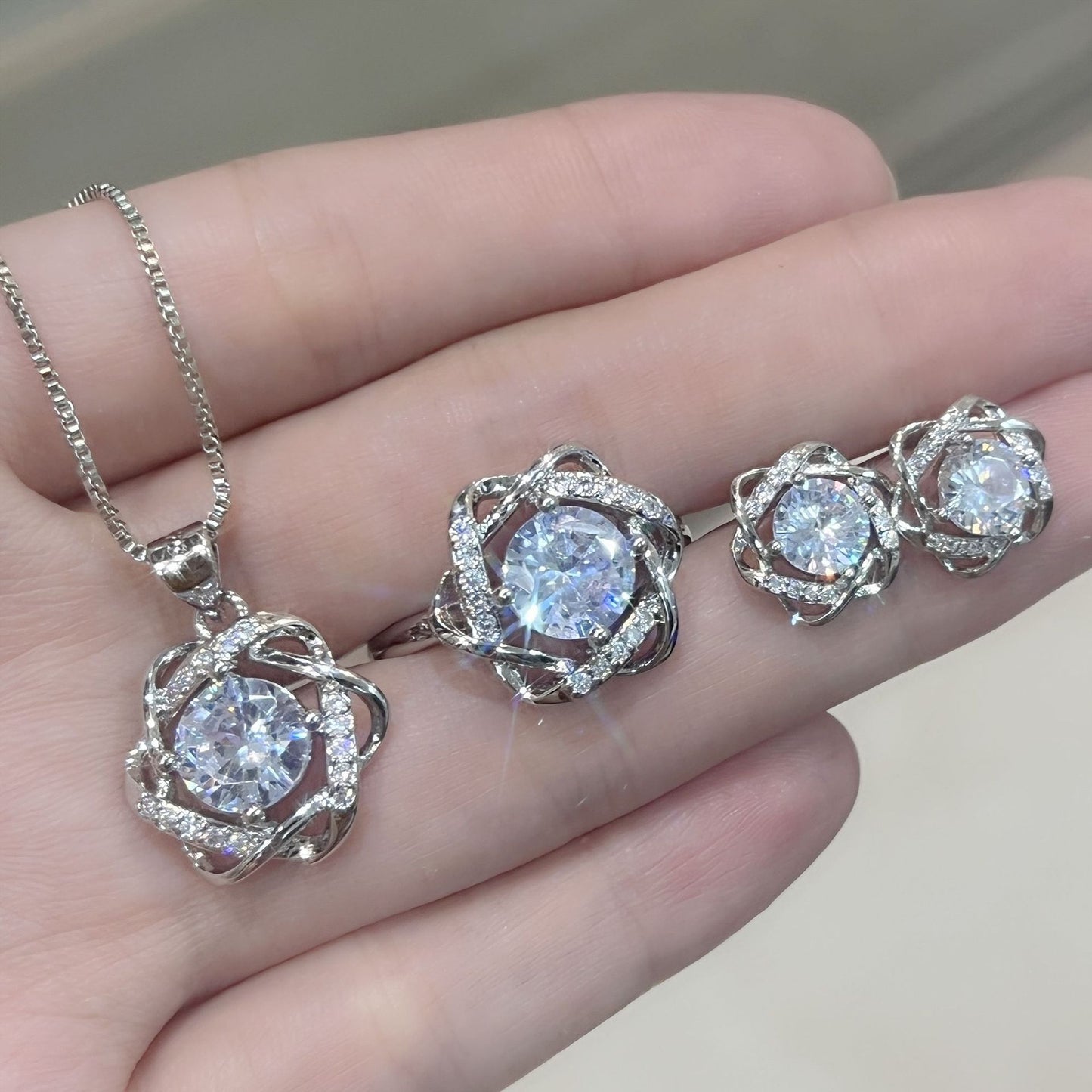 TikTok Live Full Diamond Hexagram Ring Earrings Pendant Necklace18K Gold Rotating Windmill Diamond Ring Jewelry Set
