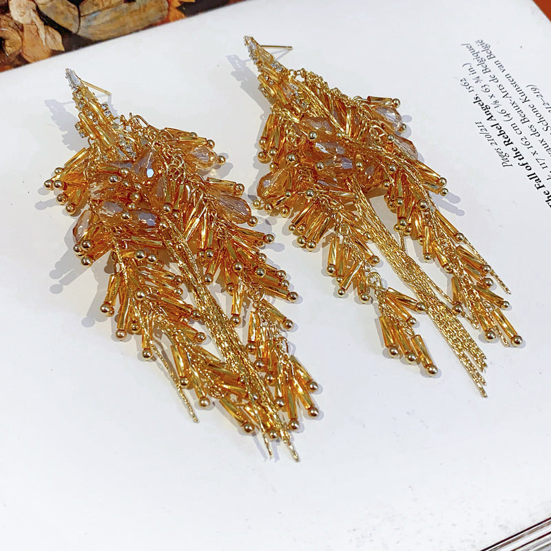 Silver Needle Inlaid Diamond Glass Tassel Earrings Fashion European and American Exaggerated Heavy Craft Stud Earrings Light Luxury High-end Niche Earrings for Women