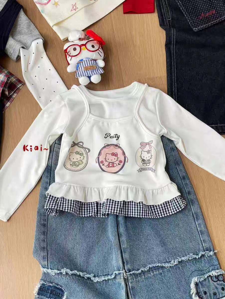 Sweet Little Girl Autumn Long Sleeve Outfit T New Korean Style Fashionable Baby Girl Fake Two-Piece Lace Base Shirt Top