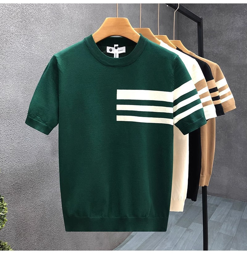 2025New Short Sleeve Knitted Shirt for Men, Striped, Simple, High-End Business, Mature, Slim Fit, Ice Silk T Men's Shirt