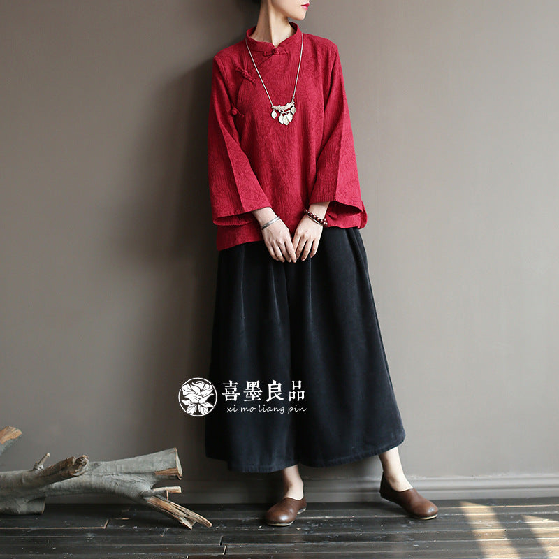 8813Xi Mo Women's Clothing Republic of China Retro Artistic Spring and Autumn New Double Layer Jacquard Button Shirt Chinese Style Short Top