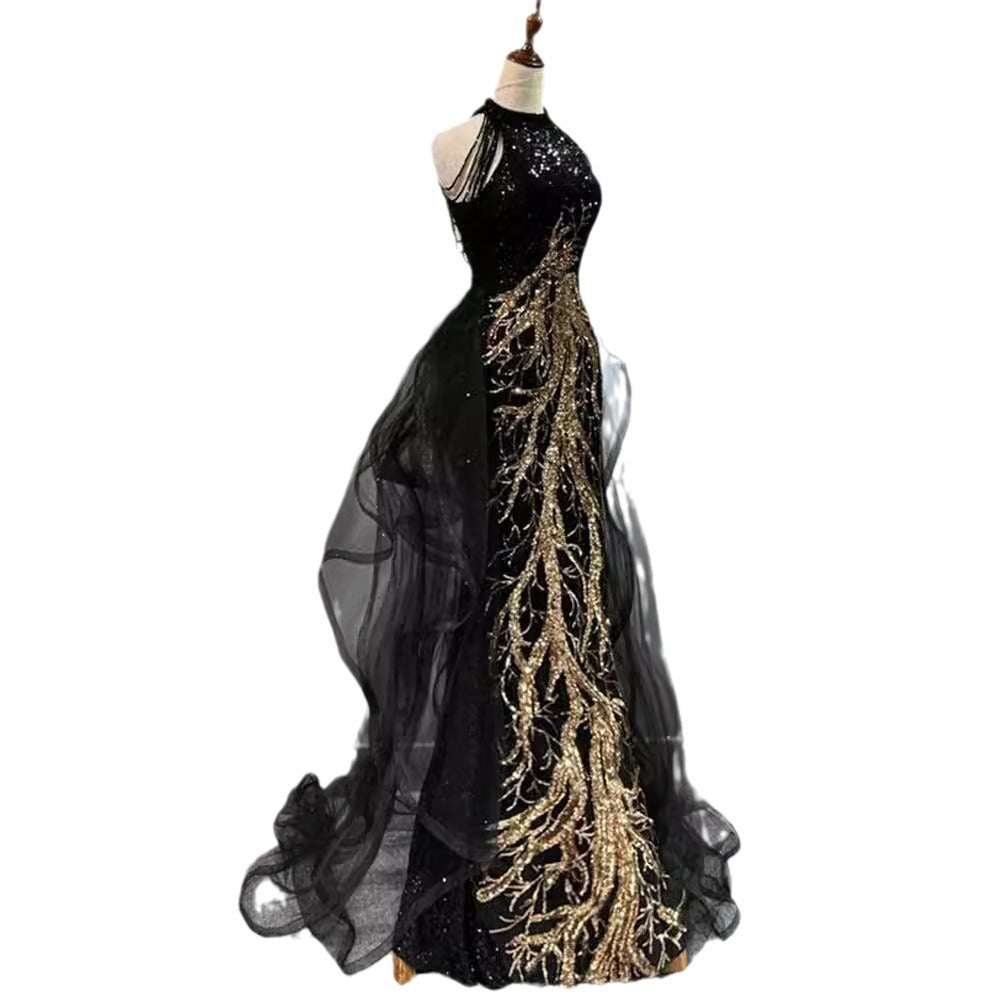 New Evening Dress Black High-End Slim Fit Elegant Socialite Host Halter Neck Mermaid Dress Wedding Toast Dress