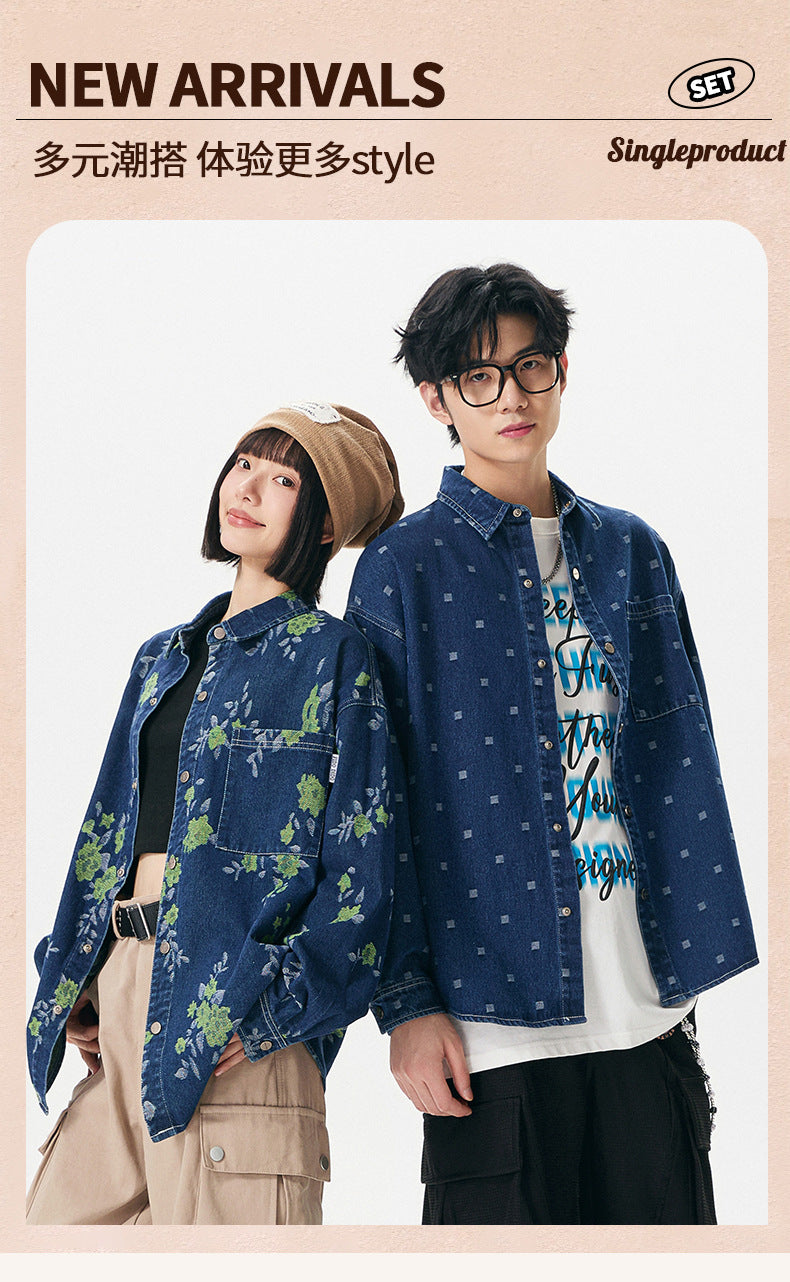 Pattern Jacquard Blue Denim Jacket Men Spring and Autumn Loose Casual Washed Shirt Long Sleeve Shirt Unisex