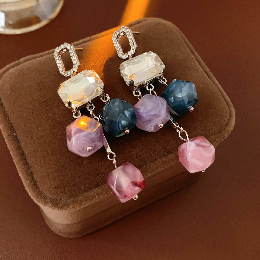Silver Needle Inlaid Diamond Square Crystal Pendant Earrings Fashion European and American Exaggerated Earrings Light Luxury High-end Niche Earrings for Women