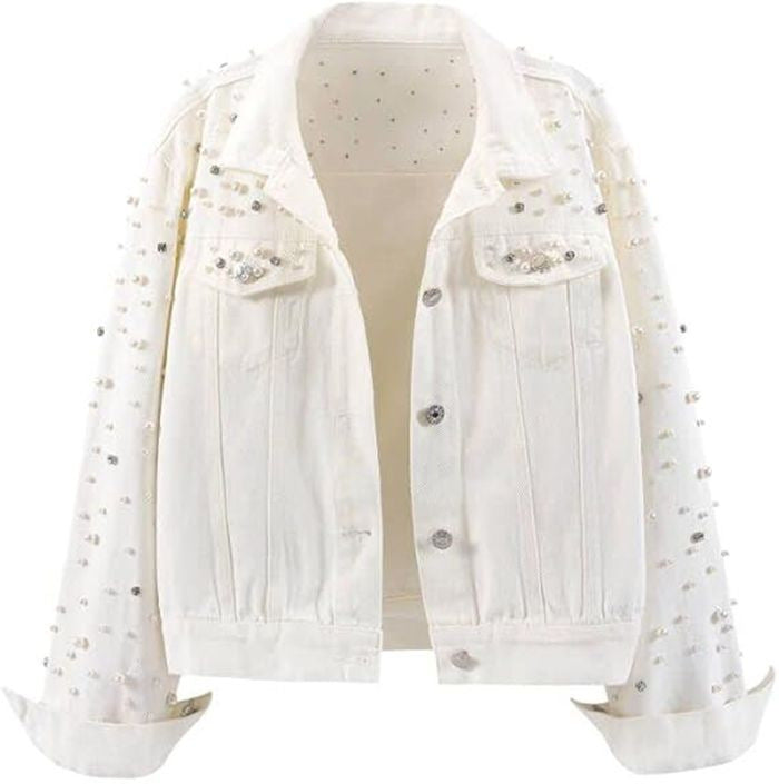 Cross-Border Amazon ebay European and American Style Pearl Denim Jacket Short Rhinestone Denim Jacket Coat Top