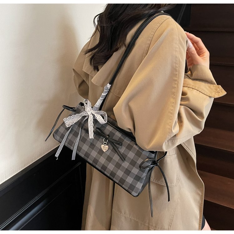 Dopamine Plaid Handbag Small Tote Bag for Women Summer2025New Ballet Style Bow Baguette Bag Underarm Bag Trendy