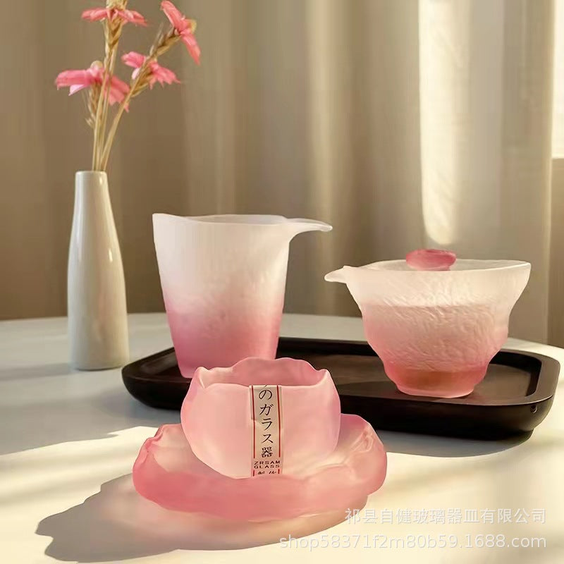 2024National Trend Pink Women's Frosted Glass Tea Set with Gaiwan, Gongdao Cup, Tea Cup, and Tasting Cup Complete Set