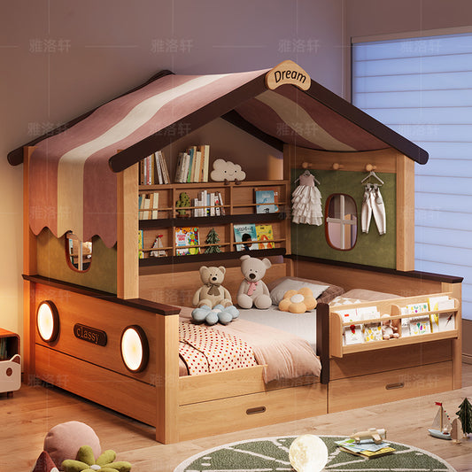 Children's Bed with Integrated Bunk, Space-Saving Bed with Guardrail, Double Tatami, Girl's Treehouse Princess1.35Bunk bed