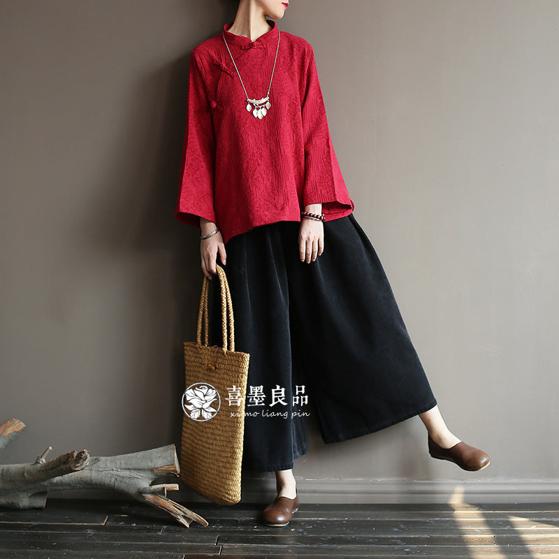 8813Xi Mo Women's Clothing Republic of China Retro Artistic Spring and Autumn New Double Layer Jacquard Button Shirt Chinese Style Short Top