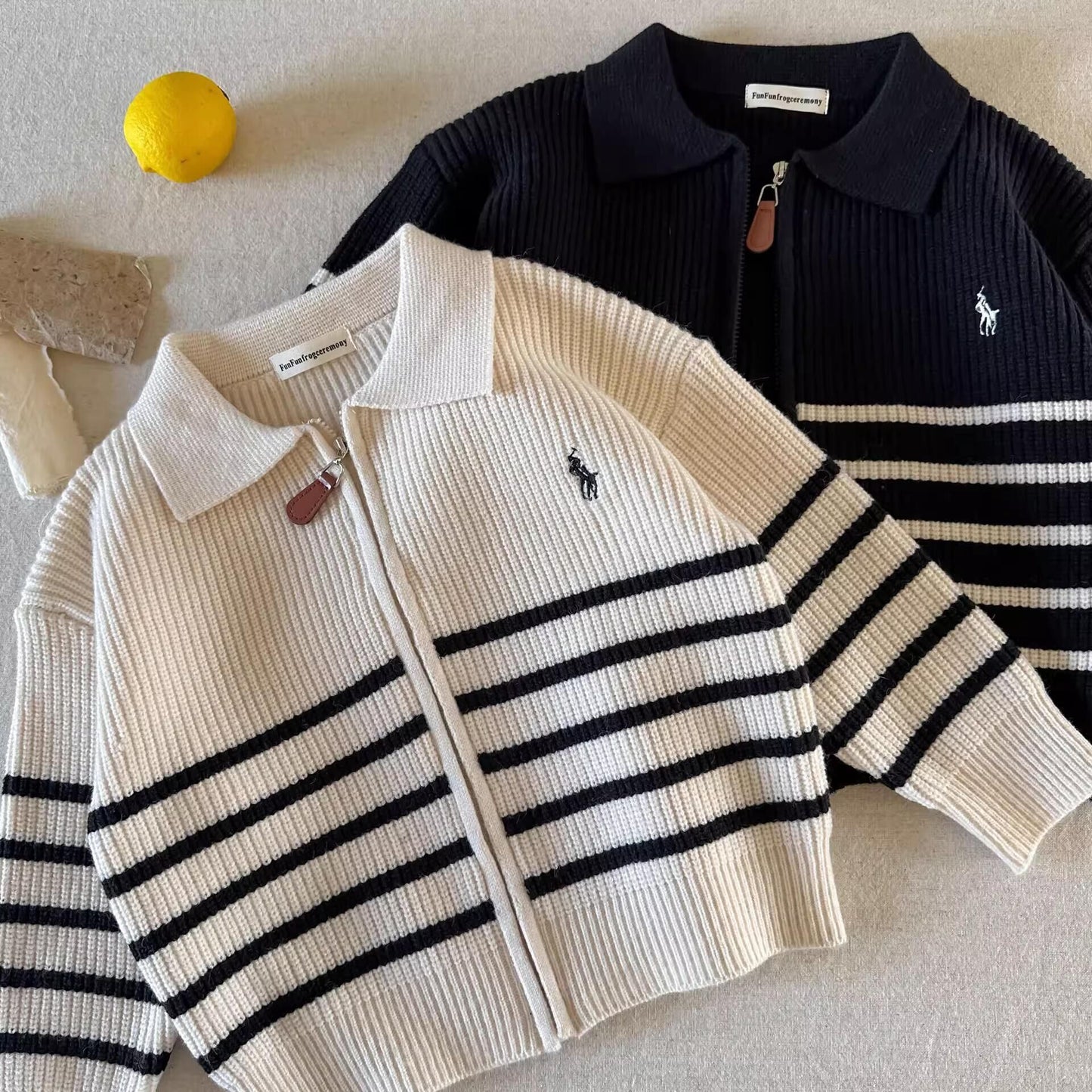 Children's Sweater2025Autumn Style Trendy Brand Boys' Striped Knitted Cardigan Baby Toddler Stylish Zipper Jacket Coat