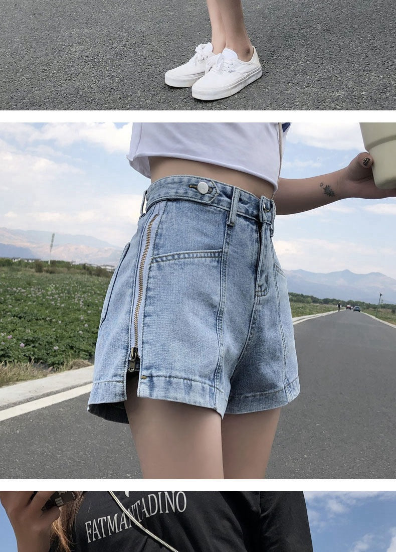 Side Zipper High Waist Denim Shorts Women Summer Loose Fit2025New Year's Slimming Letter Print Wide-Leg Hot Pants Trend