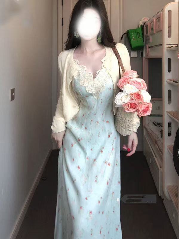 Fat mm Gentle Style Floral Strap Dress Plus Size Set for Women Spring Summer Long Sleeve Cardigan Lace Patchwork Waist-Cinching Long Dress