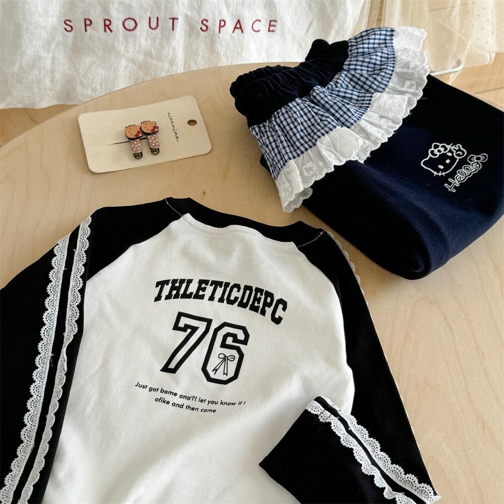 Sweet Little Girl Outfit2025Autumn Cartoon Print Long Sleeve T Trendy Fashionable Casual Cargo Pants with Curtain Design