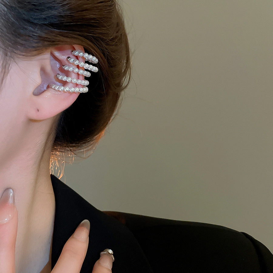 Diamond-encrusted Pearl Heart Tassel Ear Clip Artistic Retro French Ear Cuff Fashionable and Elegant Light Luxury Earrings Wholesale