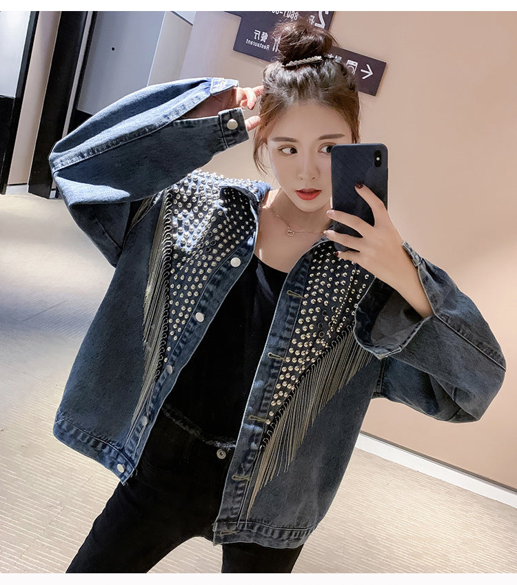 European and American New Style Tassel Heavy Embellished Rhinestone Rivet Long Sleeve Korean Version Loose Slimming Fashion Beaded Denim Jacket for Women