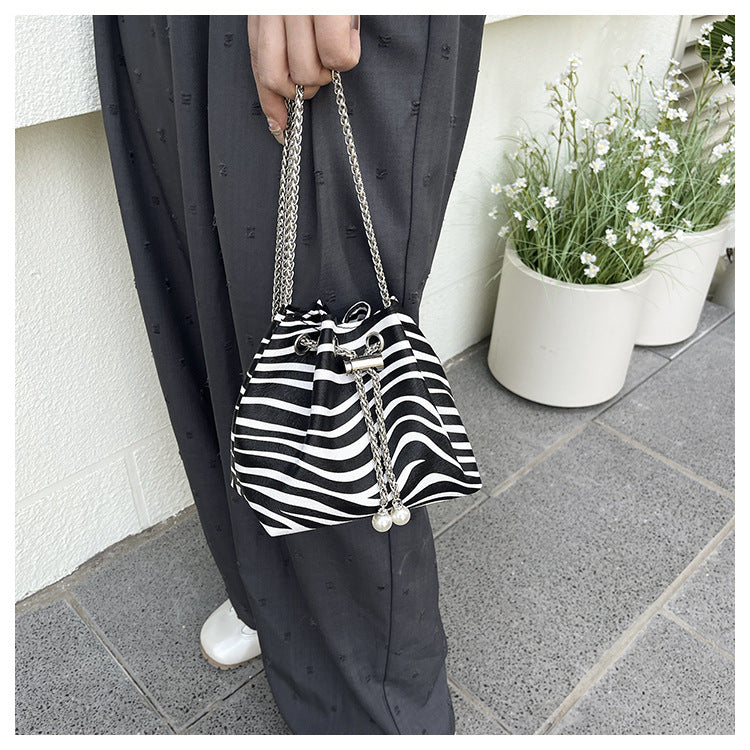 Personalized Chain Large Capacity Stylish Fashion Leopard Print Drawstring Winter2024New Zebra Pattern Shoulder Bucket Bag