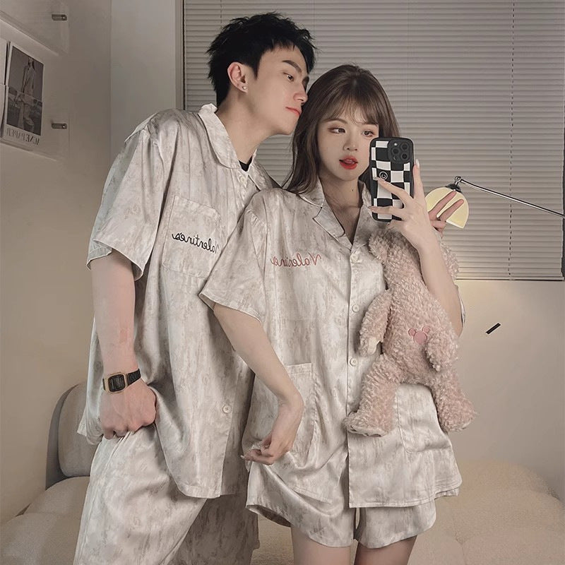 Wholesale Thin Couple Pajamas for Women Spring Autumn Summer Ice Silk Homewear Summer Men's Hot Short Sleeve Shorts Set