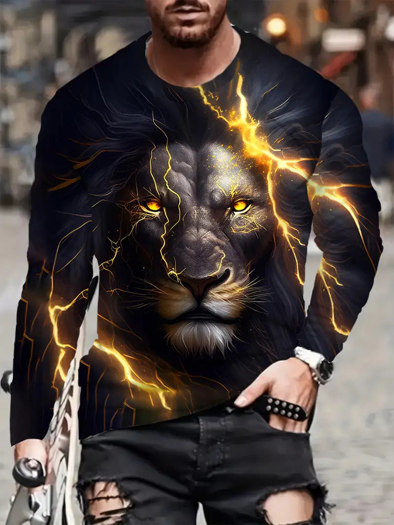 European and American Cross-Border Amazon Foreign Trade Men's Animal Fashion3D Digital Printing Casual Round Neck Long Sleeves T T-Shirt Wholesale