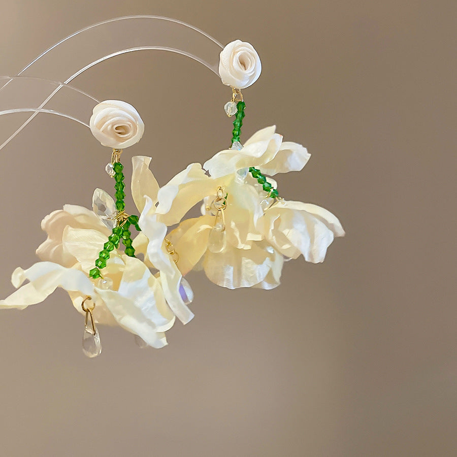 Resort Style Silver Needle Fabric Flower Tassel Earrings High-End Fashion Earrings Bohemian Sweet Exaggerated Ear Jewelry