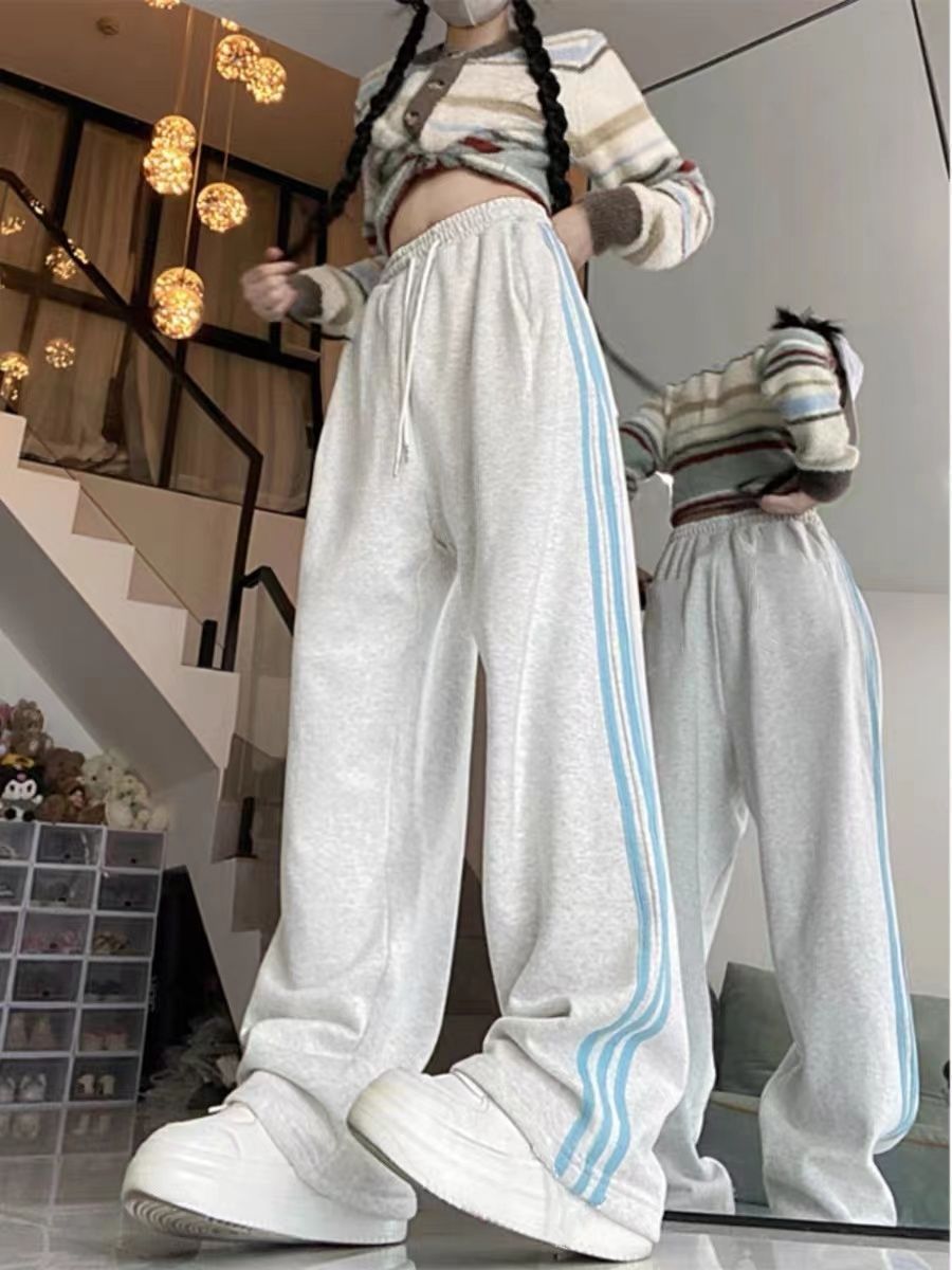 Melard Wide-Leg Pants for Women, Autumn and Winter New Loose Slimming Versatile American Style Striped Casual Sports Sweatpants