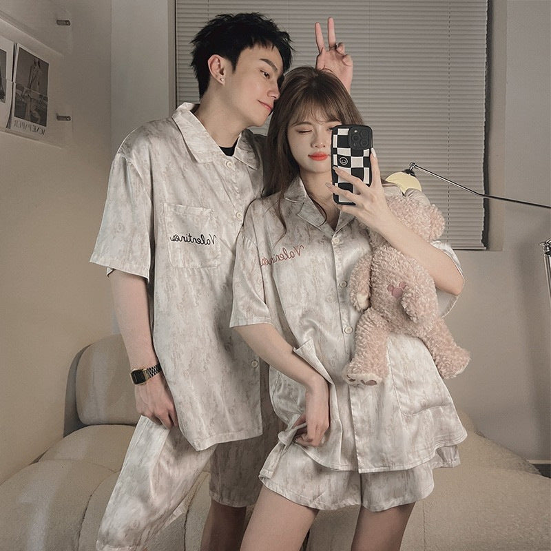 Wholesale Thin Couple Pajamas for Women Spring Autumn Summer Ice Silk Homewear Summer Men's Hot Short Sleeve Shorts Set
