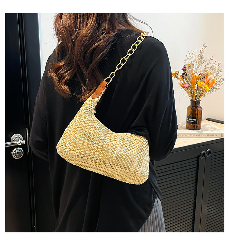 South Korea ins Vintage Woven Tote Bag Straw Bag Large Capacity Underarm Bag Shoulder Bag Vacation Style Beach Bag for Women