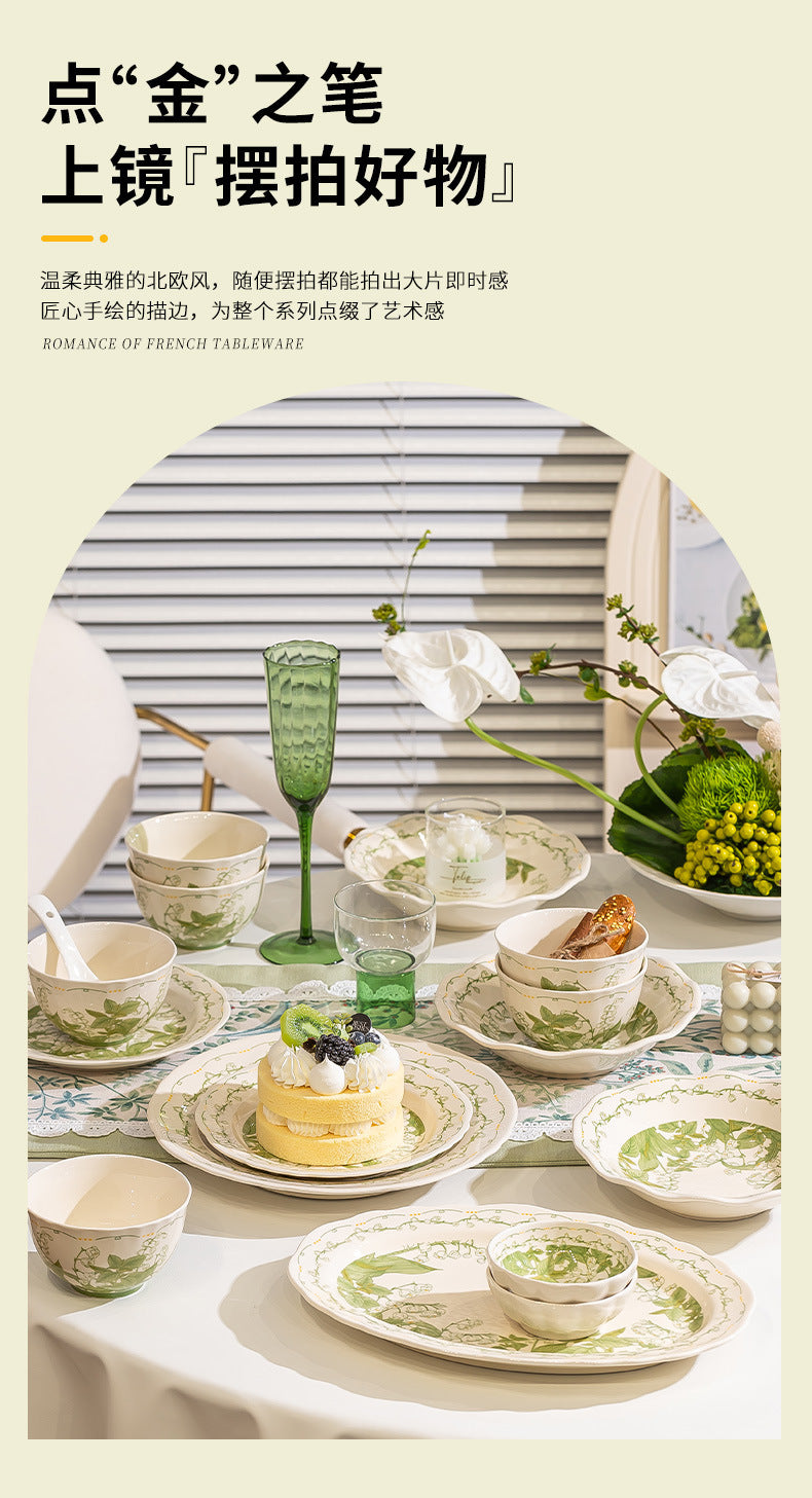 Lily of the Valley Bowl and Plate Set Household Ceramic Tableware Set Pastoral Style High-Value Underglaze Color Vegetable Plate Soup Plate Bowl and Chopsticks