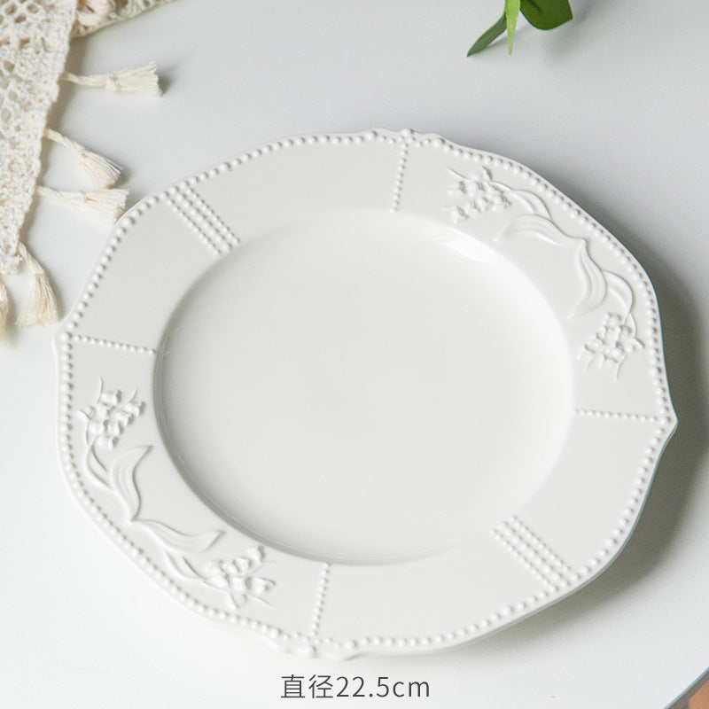 American Relief Lily of the Valley Series Lace Ceramic Western Pasta Plate Pastry Dessert Plate Deep Plate Household Dish Plate