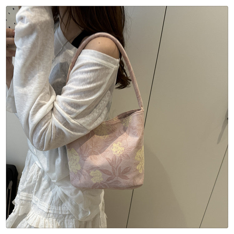 Lady's New Chinese Style Starlight Dream Tote Bag Black Shoulder Bag Embroidered Flower Vintage Handbag