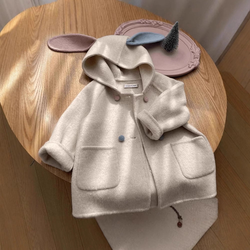 Girls' Wool Coat with Fleece Lining and Thickened2024Autumn and Winter New Cute Baby Girl Stylish Korean Children's Clothing Wool Coat
