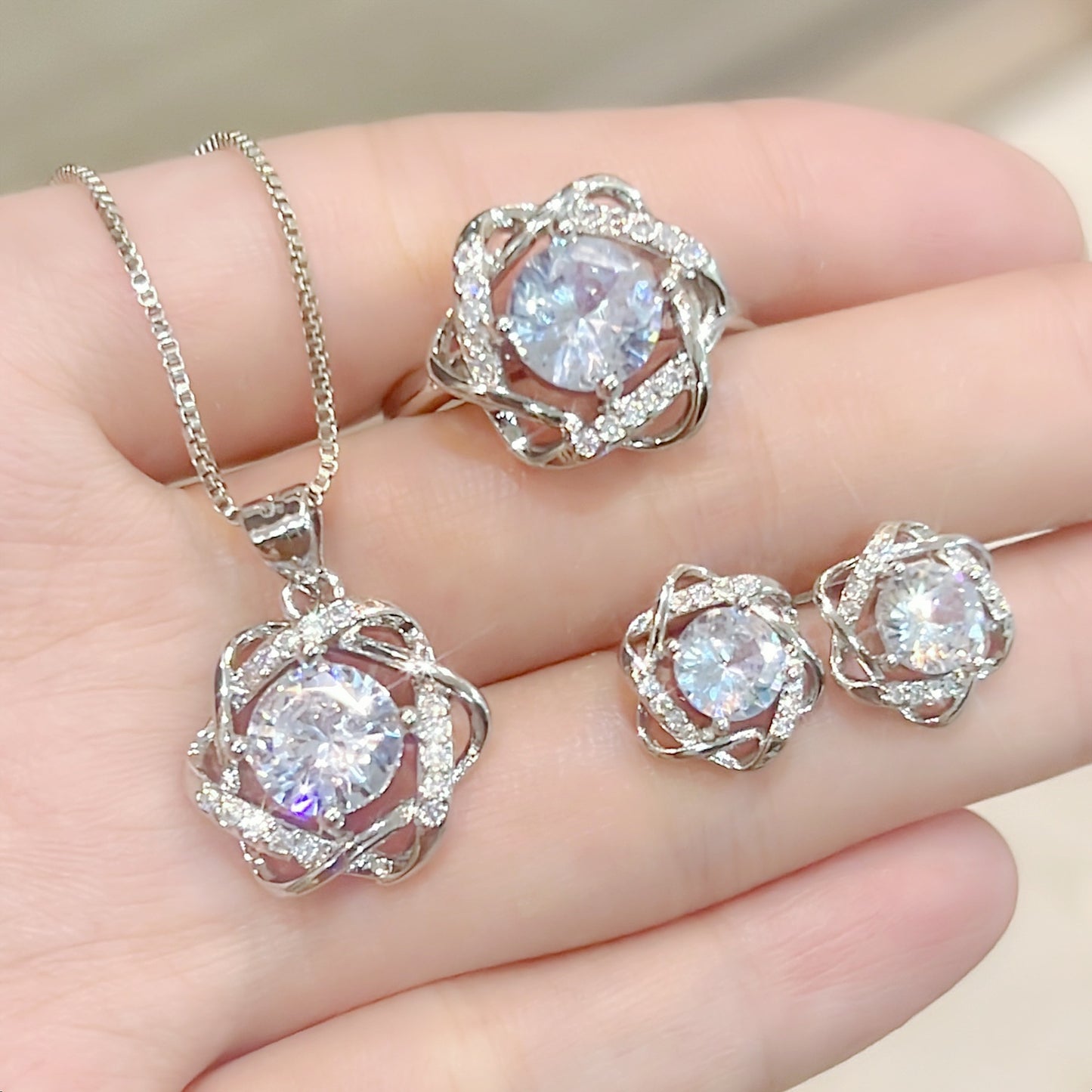 TikTok Live Full Diamond Hexagram Ring Earrings Pendant Necklace18K Gold Rotating Windmill Diamond Ring Jewelry Set