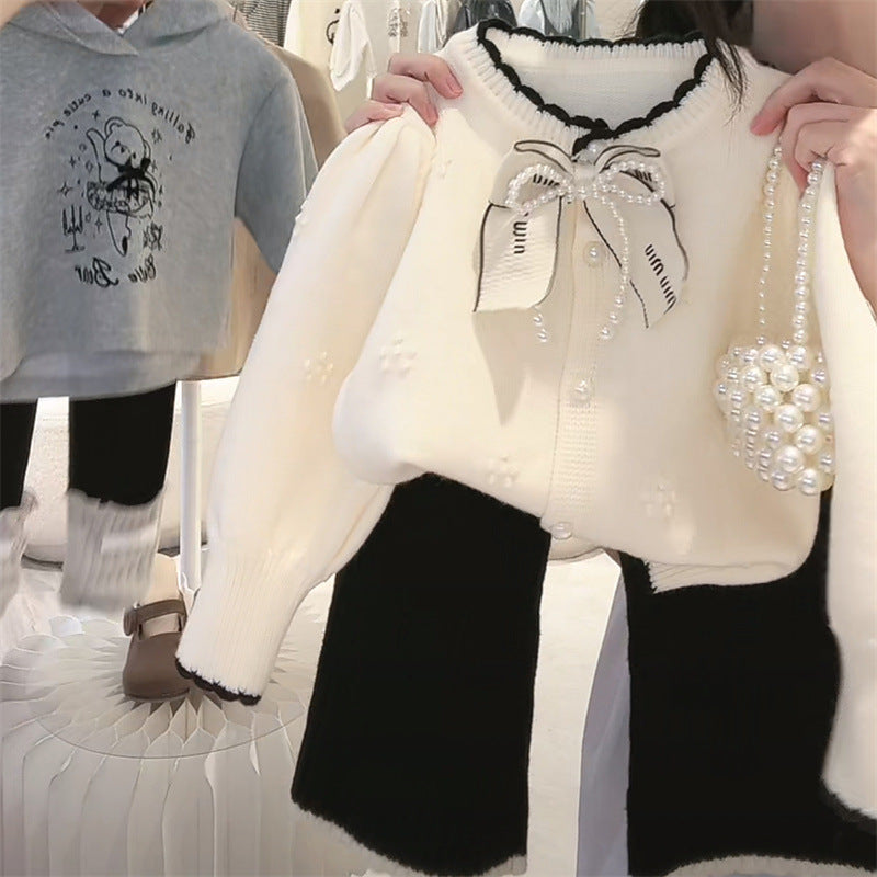 Sweet Little Girl Autumn Outfit Set25Spring and Autumn Korean Style Girl Little Chanel Style Sweater Jacket Baby Girl Flared Pants