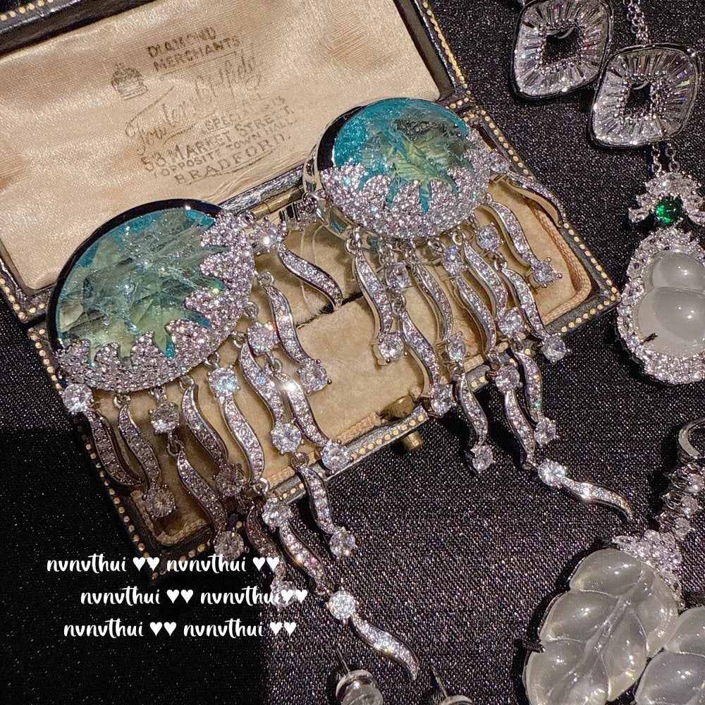 Sparkling Paphos Cloud Pattern Jellyfish Tassel Gemstone Earrings The Joy of a Rich Woman Egg-shaped Princess Pink Earrings