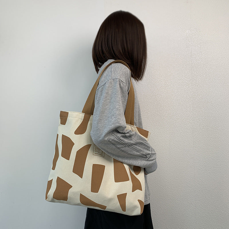 Canvas bag for women, single shoulder, suitable for college students to carry books ins Korean Style Zippered Artistic Design Handheld Canvas Bag