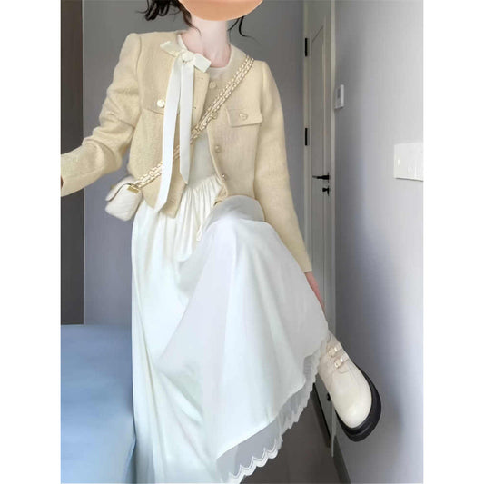 Plus Size Fat mm Little Chanel Style Set Spring and Autumn Women's Clothing2025New Design Bowknot Dress and Jacket Set