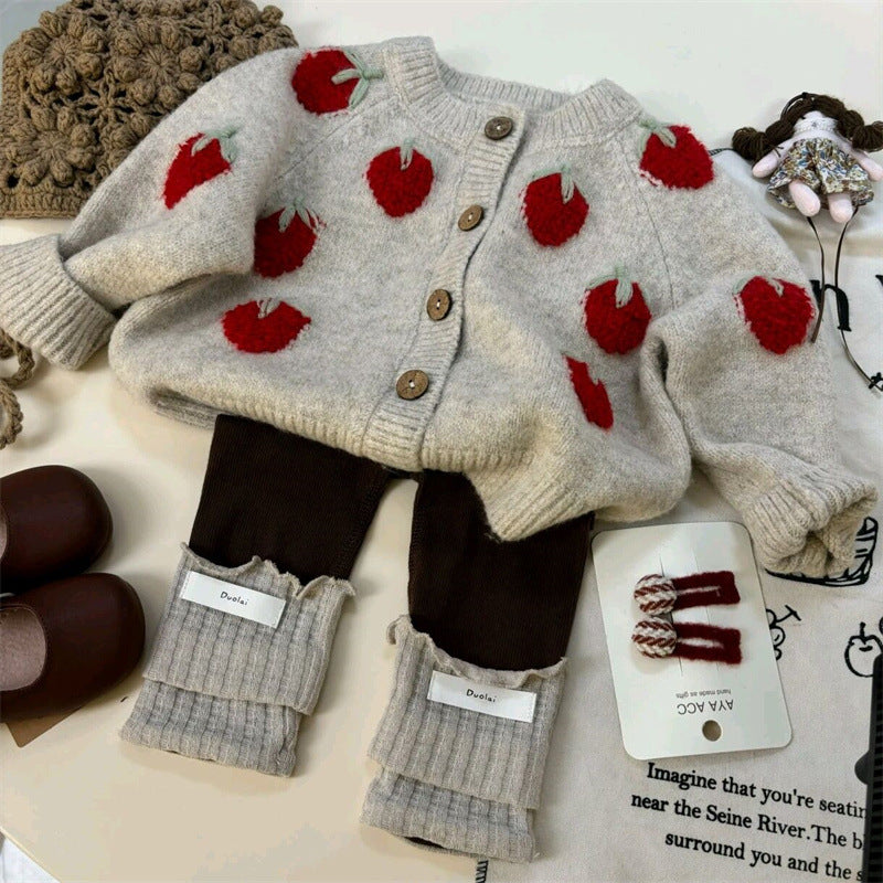 Little Salted Lemon Girl's Autumn Outfit Set25New Children's Clothing Baby Girl Spring and Autumn Strawberry Knitted Jacket Cardigan Two-piece Set