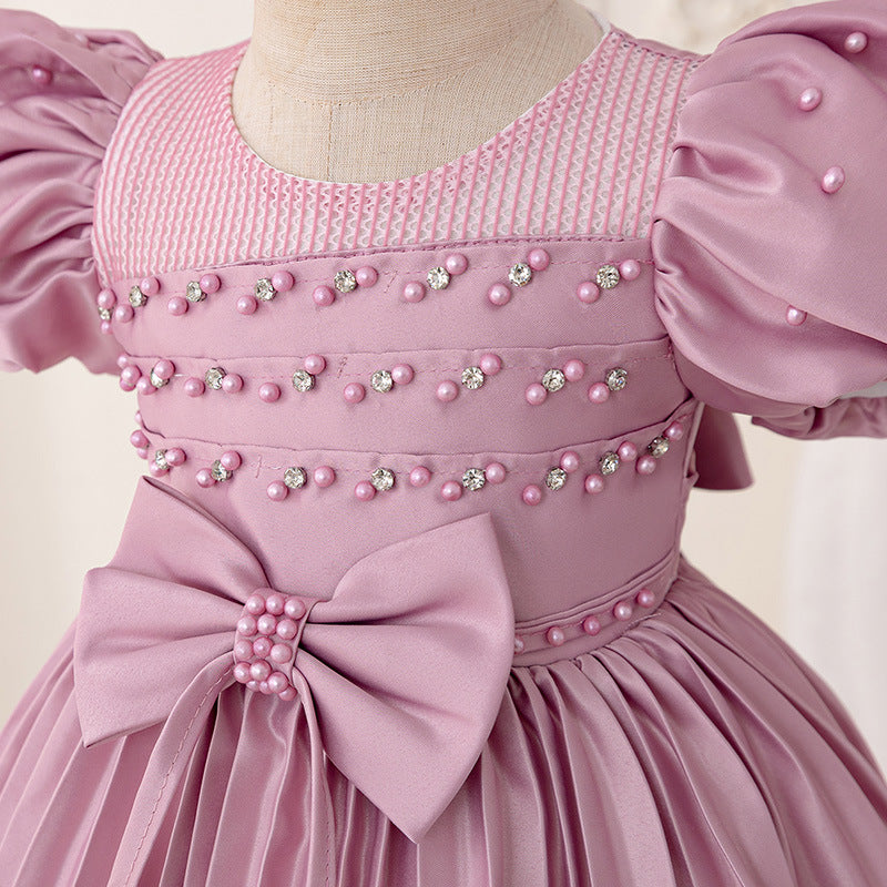Birthday Party Evening Dress Puff Sleeve Girl Princess Dress Baby Pearl