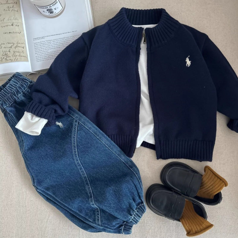 Children's Sweater2025Spring and Autumn Boys' Stand Collar Zipper Knitted Cardigan Baby Toddler Autumn Striped Jacket Children's Clothing