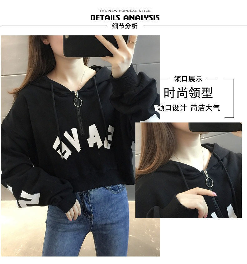 Half Zipper Hooded Short Petites Sweatshirt Women2025New Early Autumn Thin High-Waisted Stylish Streetwear Jacket Trend