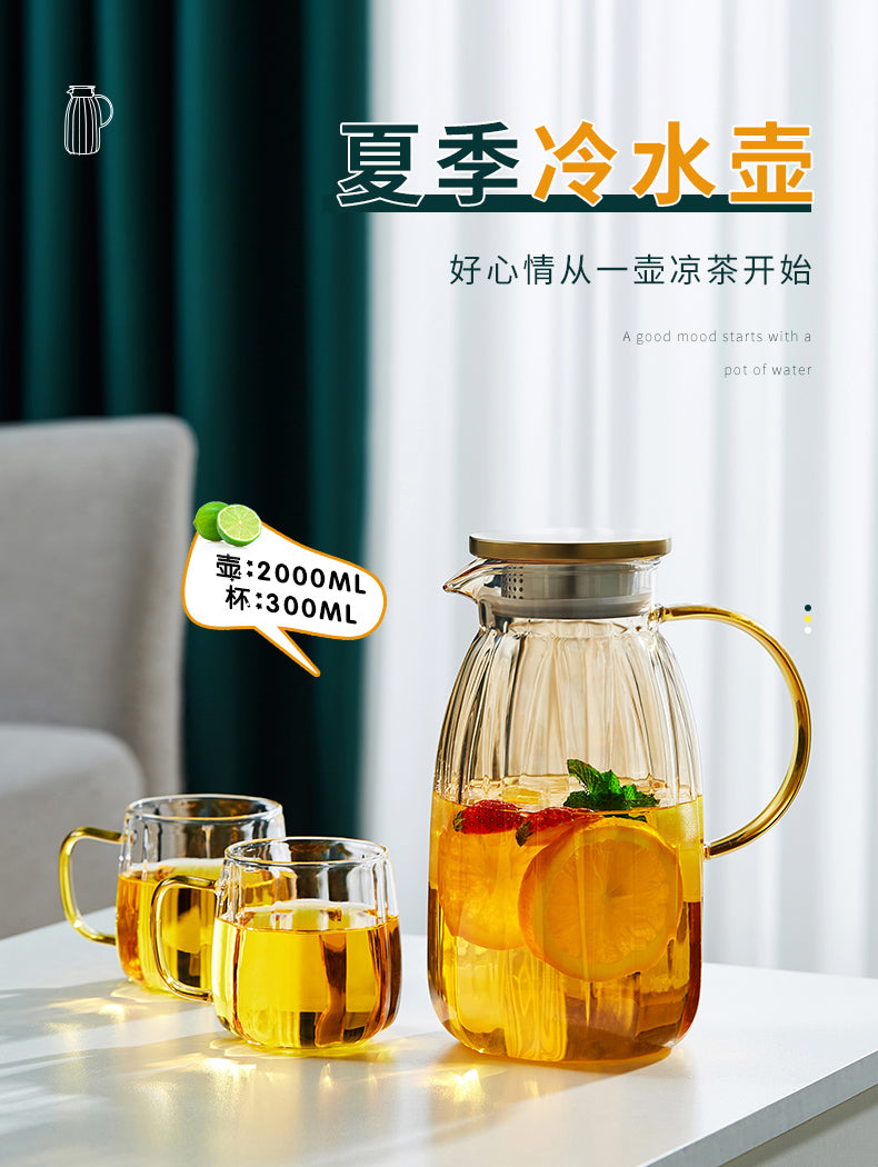 High Borosilicate Glass Cold Water Pitcher Large Capacity Metal Lid Household Transparent Set High Temperature Resistant Explosion-Proof Cold Water Pitcher