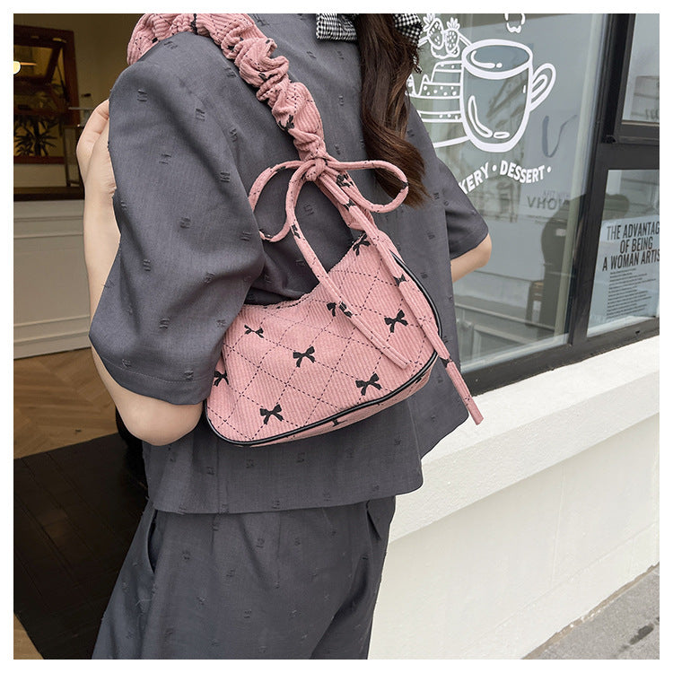 Sweet Bow Plaid Single Shoulder Underarm Crescent Bag2024Autumn new simple casual large capacity handbag