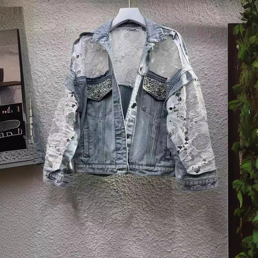 2024Spring and Autumn New Loose Versatile Sunscreen Mesh See-through Lace Embroidered Short Denim Jacket for Women Trendy Top