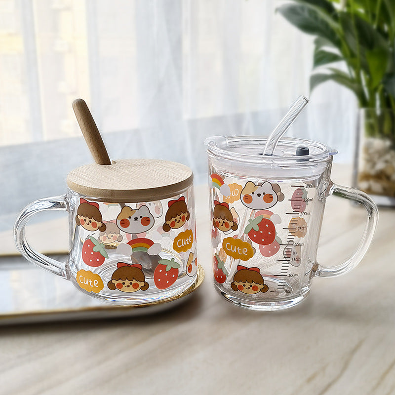 ins Glass Cup with Straw Milk Breakfast Cup Cute Cartoon Graduated Cup with Lid Spoon Gift Customization logo