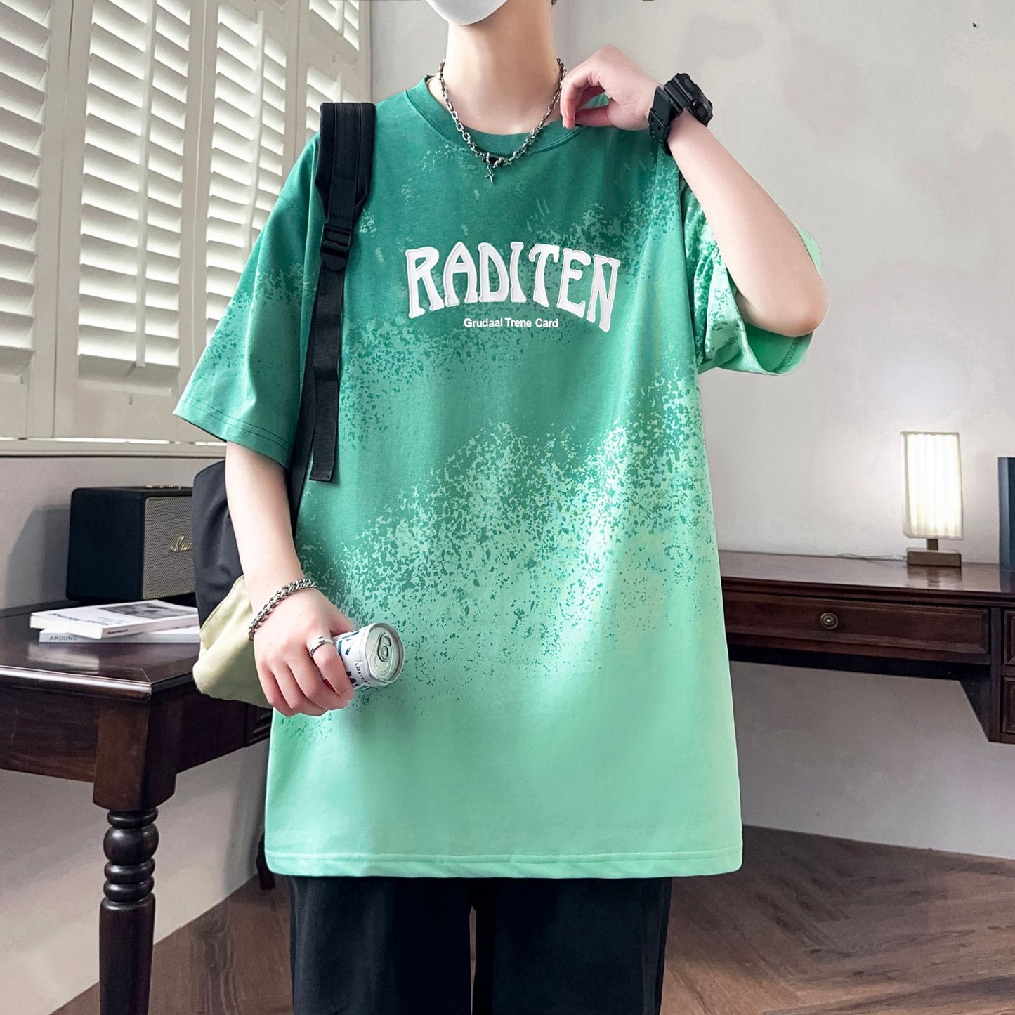 2025Summer New Men's Youth Casual Stylish Trendy Loose Short Sleeve T Shirt Gradient Color for Middle and High School Students