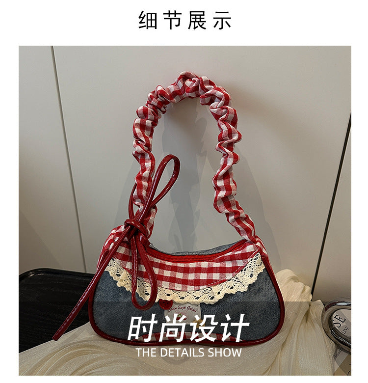 Super Popular Crossbody Bag for Women2025New Plaid Fabric Bag Wrinkled Color-Block Shoulder Bag Popular Commuter Small Square Bag