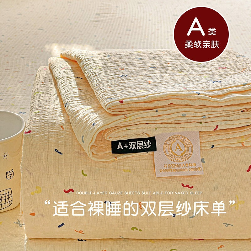 a Double-layer Gauze Bed Sheet Single Piece Fresh Style A Summer-style Naked Sleep Pillowcase Single Double Student Dormitory Three-piece Set