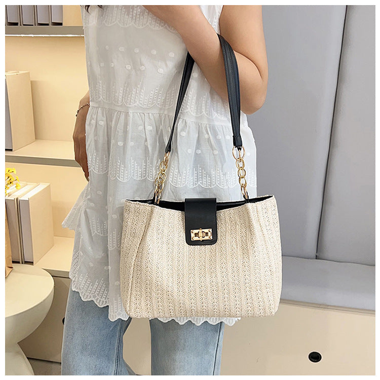 2025Women's Spring New Small Chanel Style Bag for Work Commute Versatile Straw Woven Large Capacity Wide Shoulder Strap Women's Single Shoulder Bag